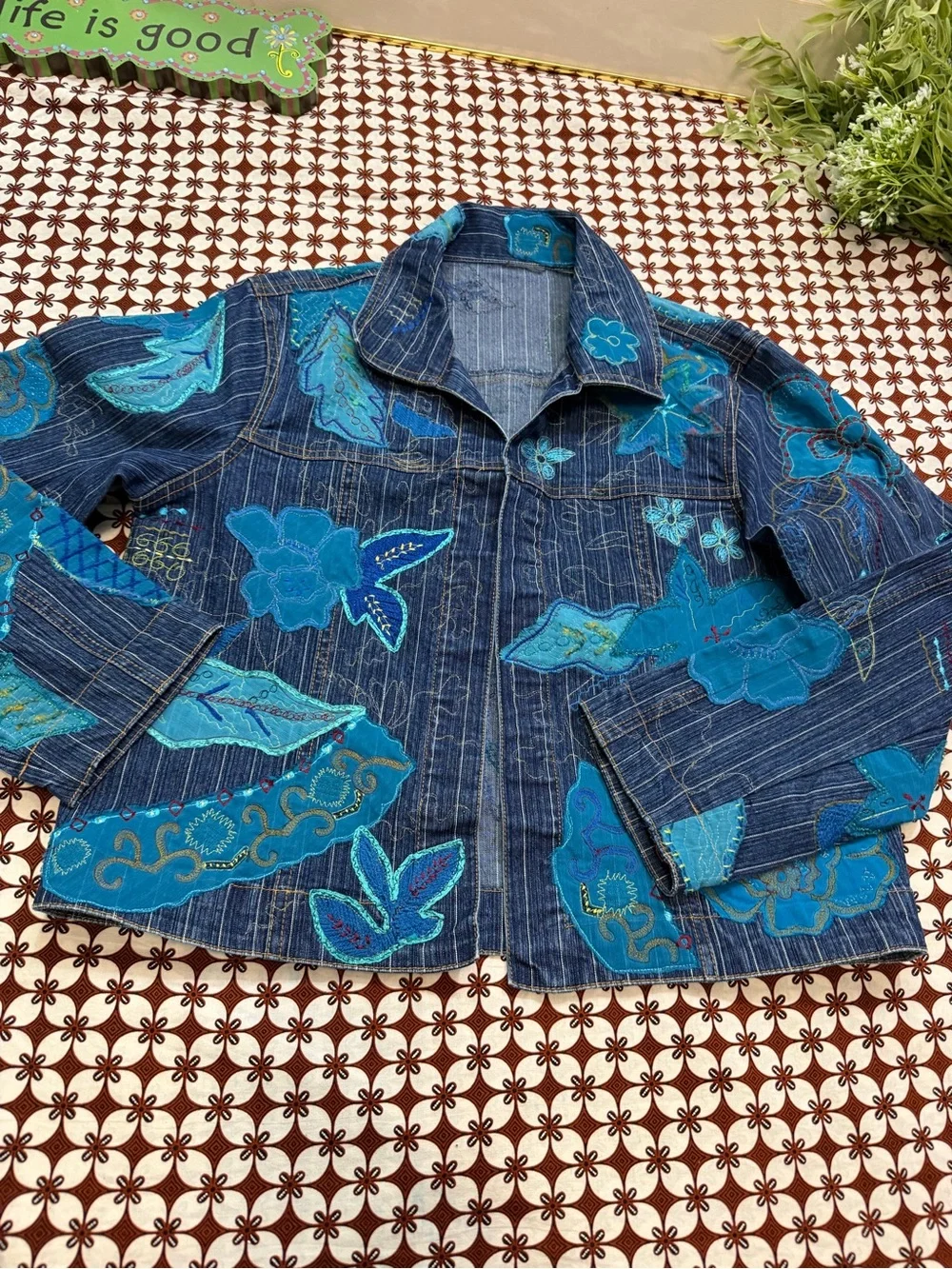 Blue Floral Patchwork Denim Jacket
